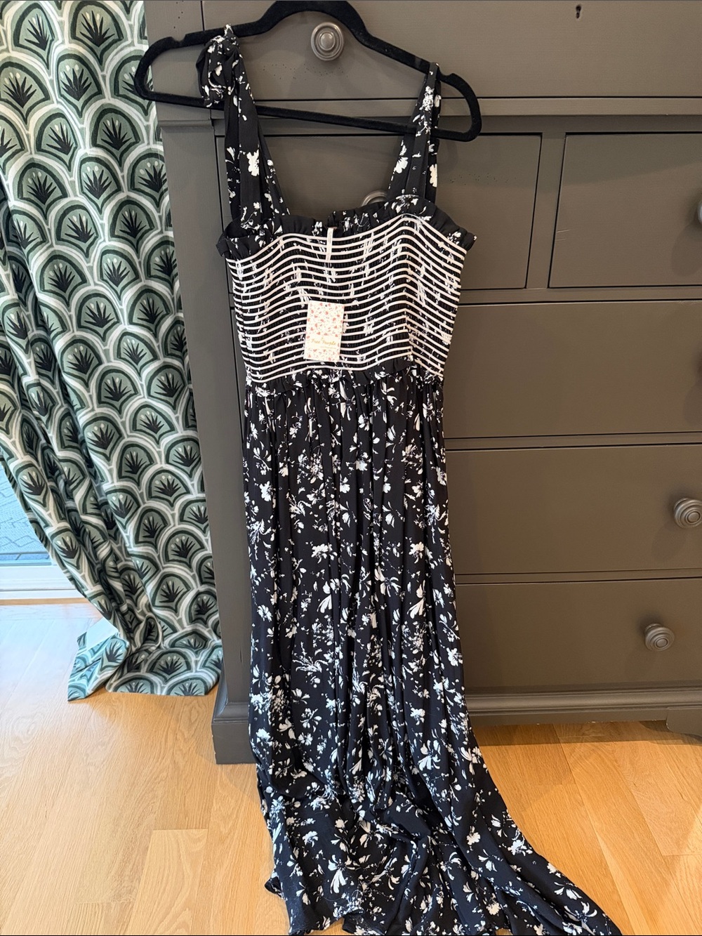 Free People Black and White Floral Maxi Dress with Striped Bodice